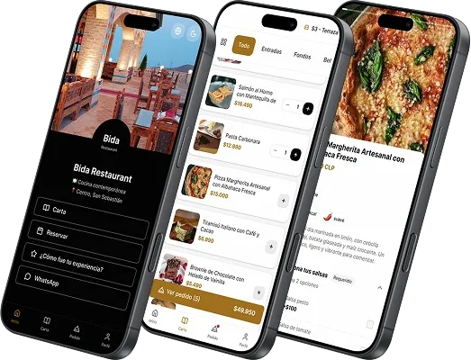 Scan & View - Menú digital con QR en tres pantallas de smartphone